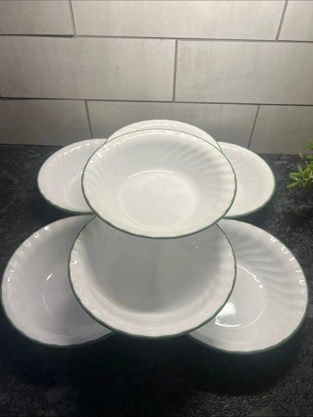 Corelle Callaway White Soup/Cereal Bowls with Green Rim - Set of 7